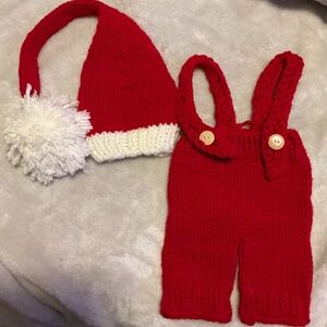 Hand Knitted Santa Hat and Overalls Set
